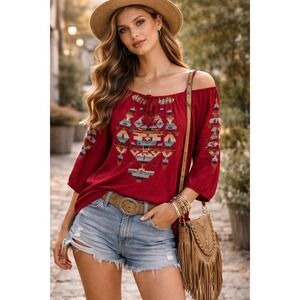 Urban Mango Dark Pink Red Embroidered Peasant Tunic Large Boho Aztec Blouse